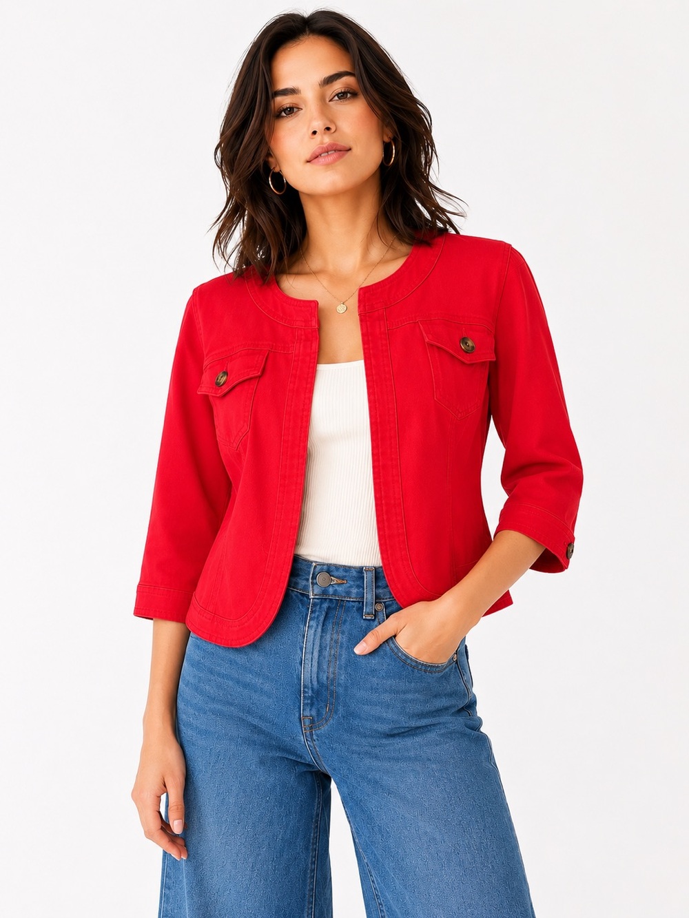 Red Stretch Denim Jacket 3/4 Sleeve Fitted Collarless Utility Blazer